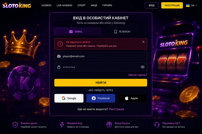 Повідомлення про помилку входу Slotoking: невірний email або пароль